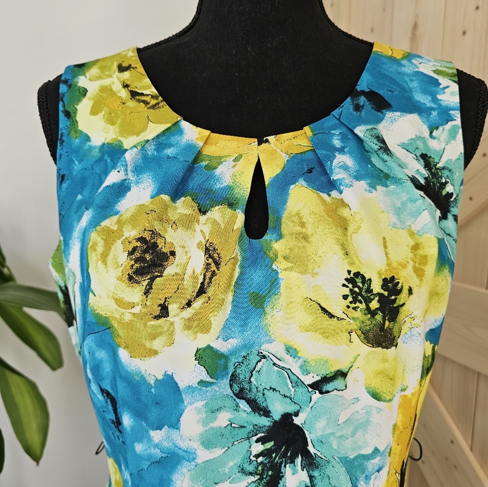 JONES NEW YORK Size 6 Women's Blue‎ And Yellow Floral Sleeveless Midi Dress - Picture 3 of 8